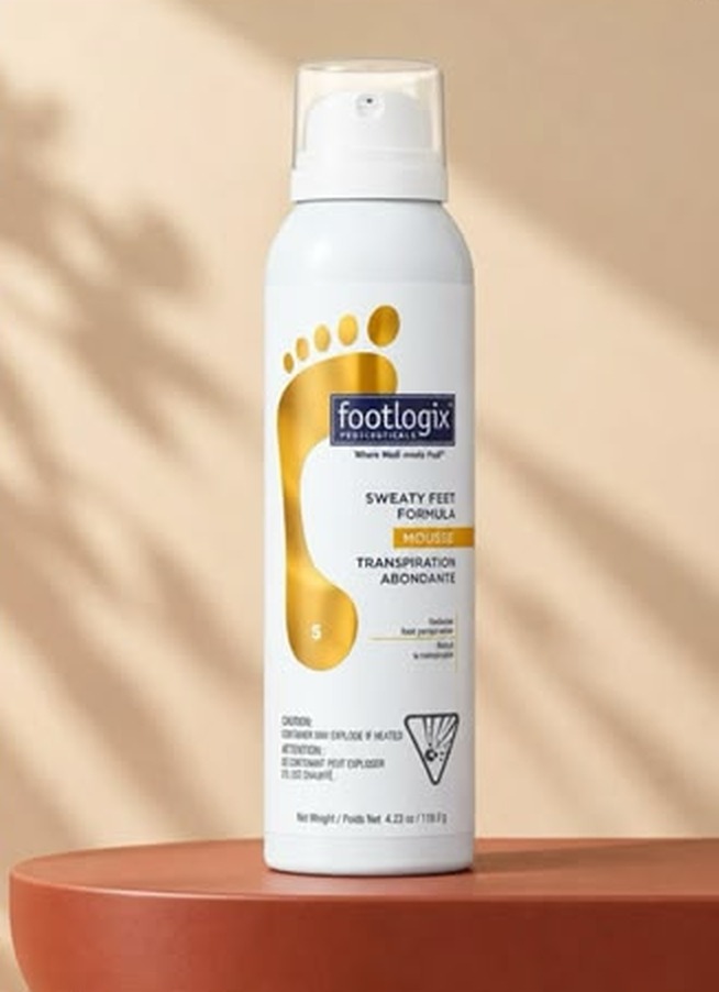 Footlogix Sweaty Feet Formula mousse on a terracotta pedestal