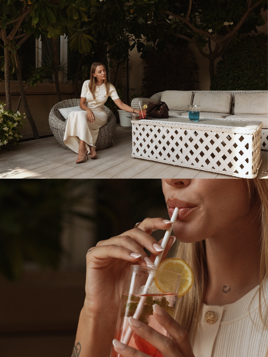 A client relaxing on the terrace with an iced drink and manicured nails in detail