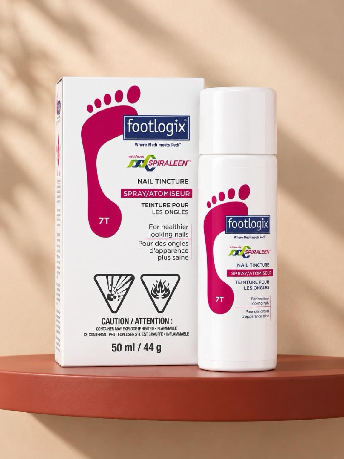Footlogix Nail Tincture Spray with its box on a terracotta shelf