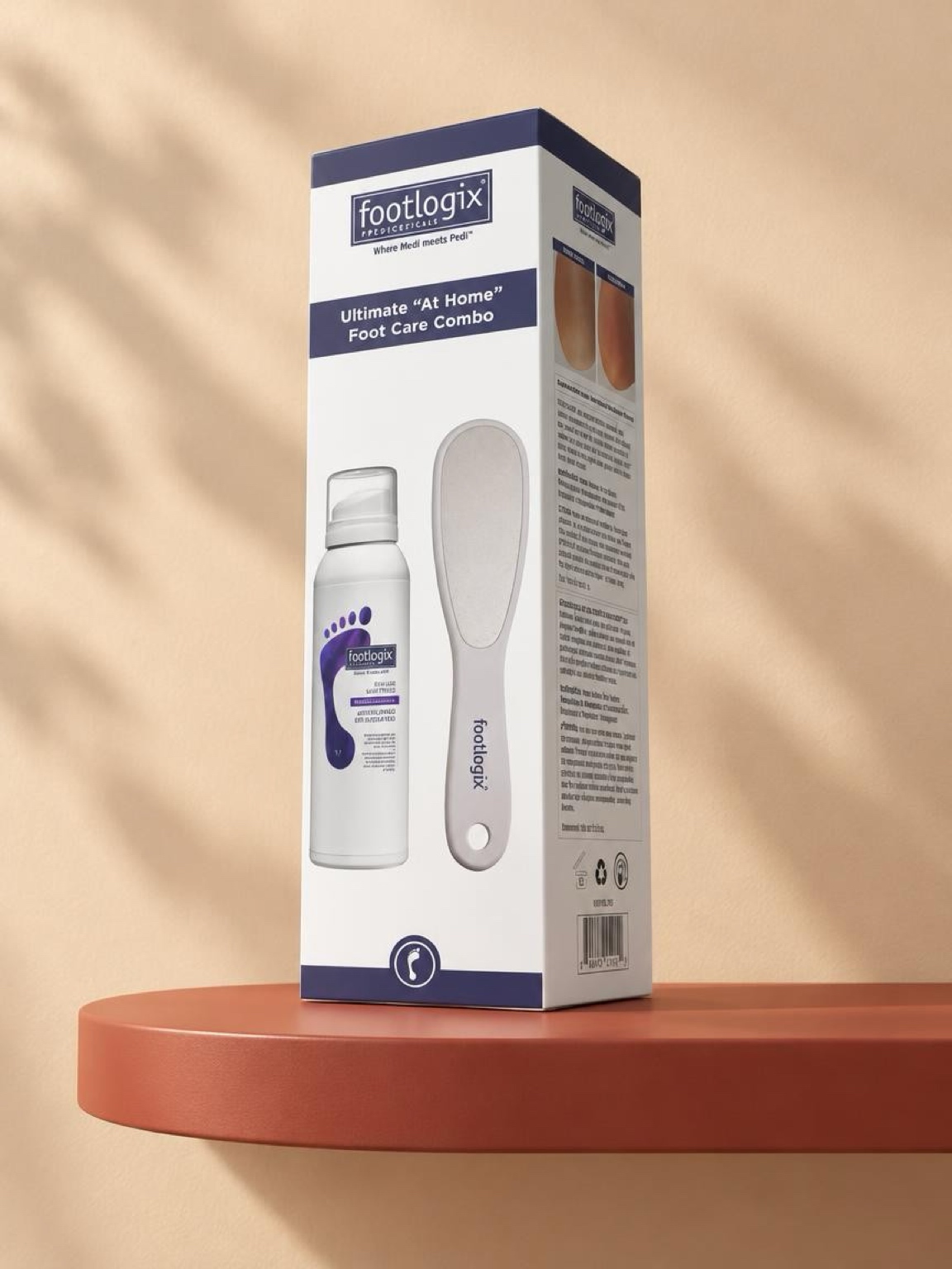 Footlogix Ultimate At-Home Foot Care Combo box with mousse and foot file on a terracotta shelf